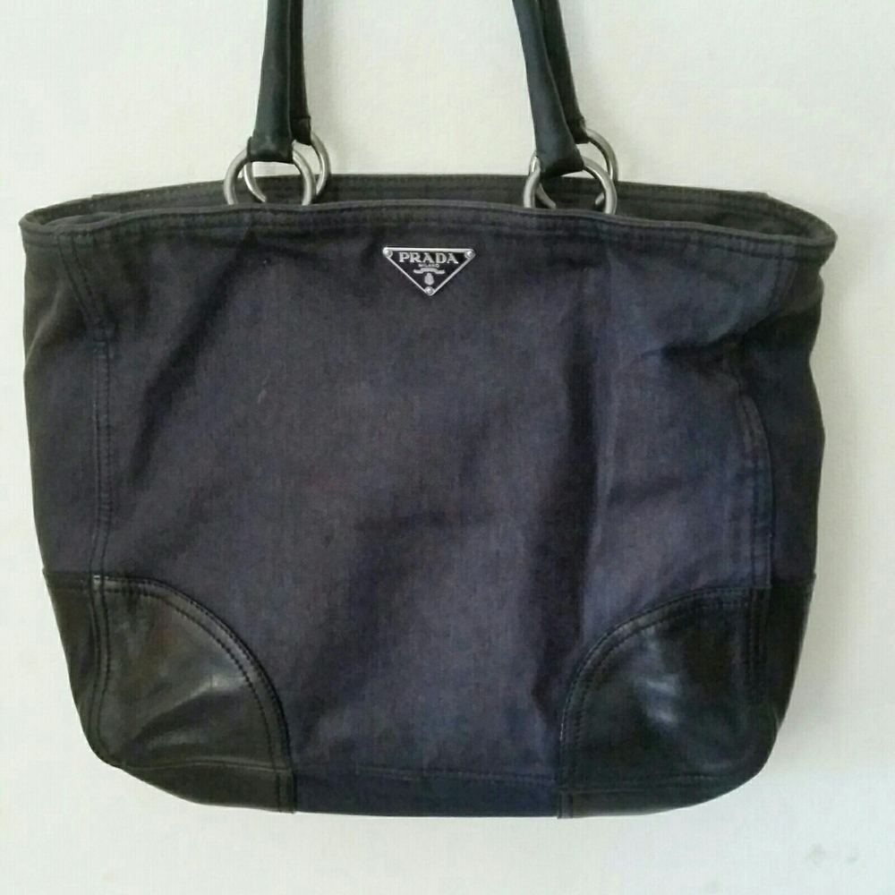 Rare Prada Black Denim Tote Shopper Beach Bag
